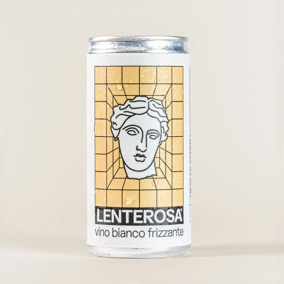 Lenterosa Italian Sparkling White Wine 200ml can in studio on beige background.