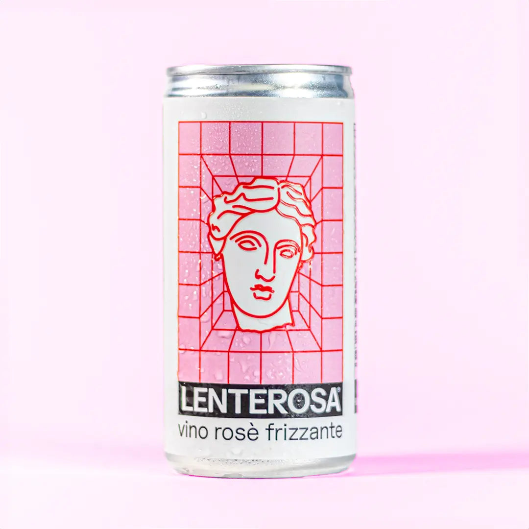 Lenterosa Italian Sparkling Rosè Wine 200ml can in studio on pink background.