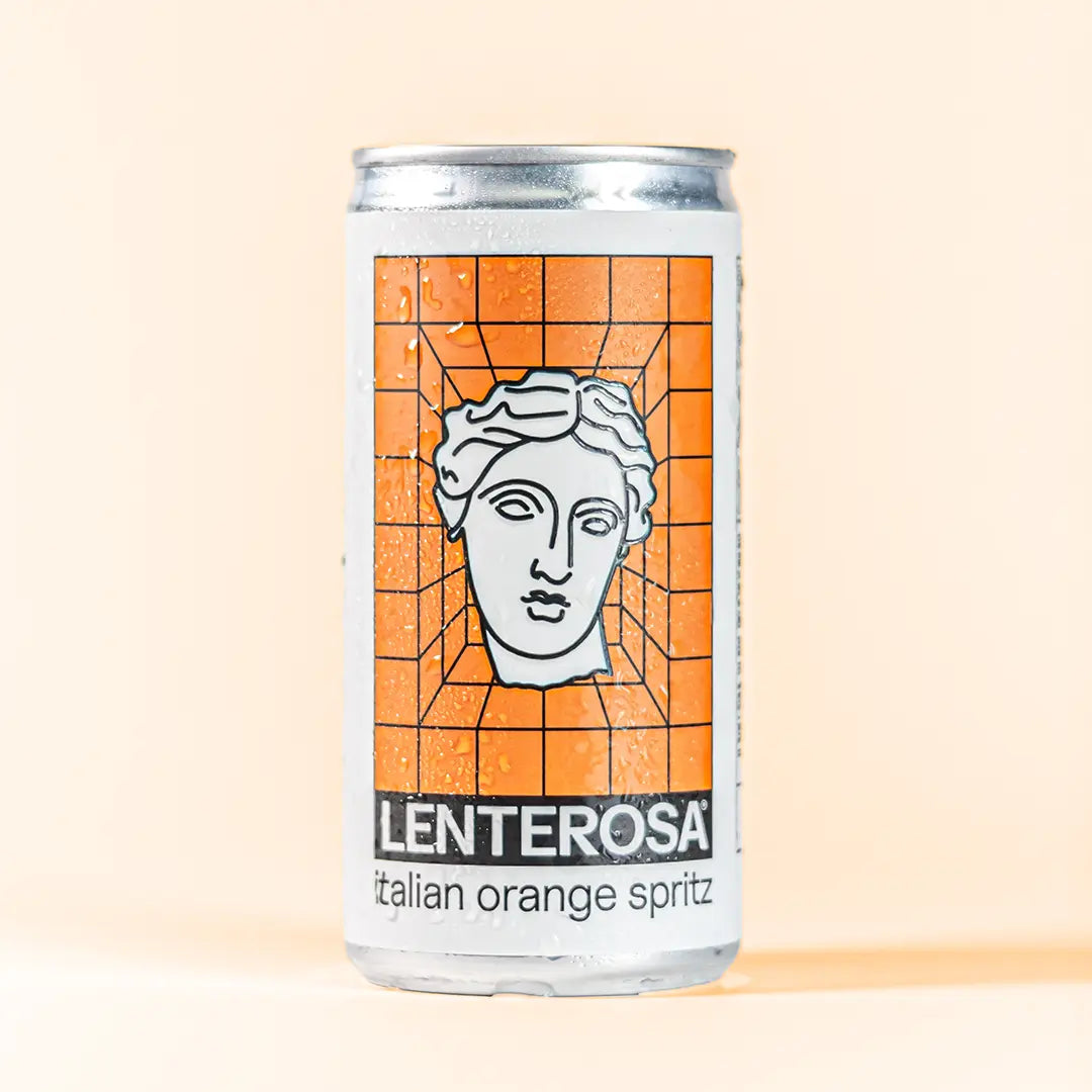 Lenterosa Italian Orange Wine Spritz 200ml can in studio on peach background.